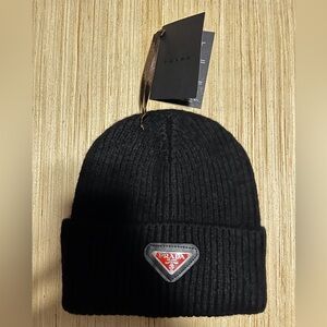 PRADA Black Ribbed Knit Beanie